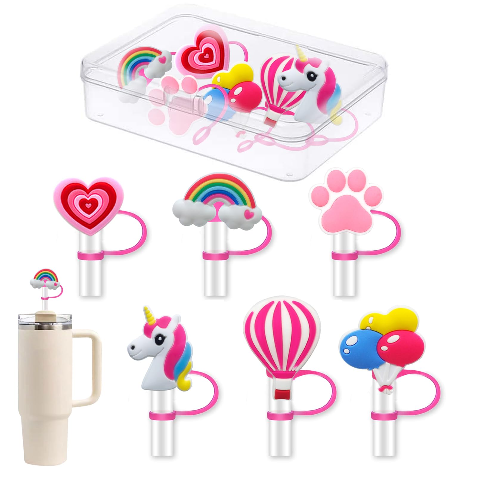 Jatidne 6pcs Straw Cover Cap for Stanley Cup, Pink Reusable Silicone Straw Toppers with Storage Box for Girls Women 10mm