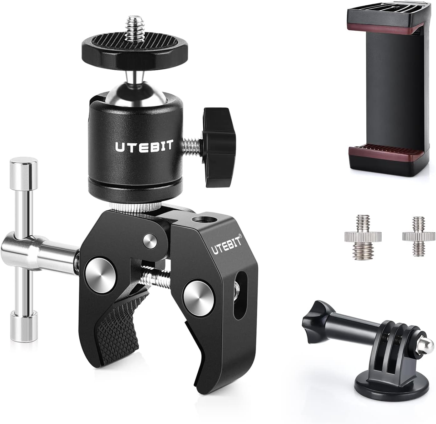 UTEBIT Camera Mount, Magic Arm With Ball Head Hot Shoe Mount, Camera Clamp,with Action Adapter/Phone Clip Holder, Quick Release Compatible With GoPro, Microphone, LED Light