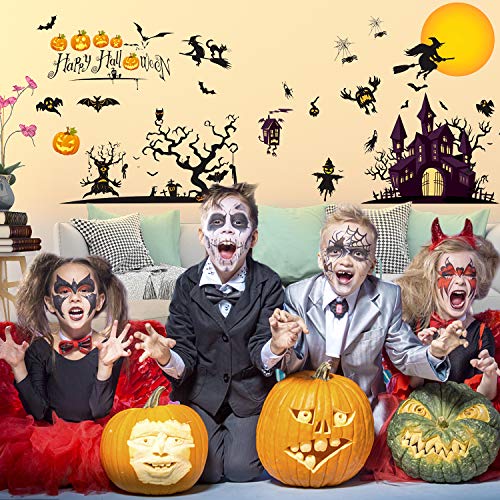 JVIGUE Happy Halloween Wall Decals Pumpkins Spooky Cemetery Witch and Bats Tomb Wall Stickers for Halloween Decoration