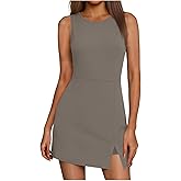 Womens Tennis Dress Mini Sleeveless Crew Neck Side Slit Athletic Romper Dresses Build in Shorts Workout Golf Outfits