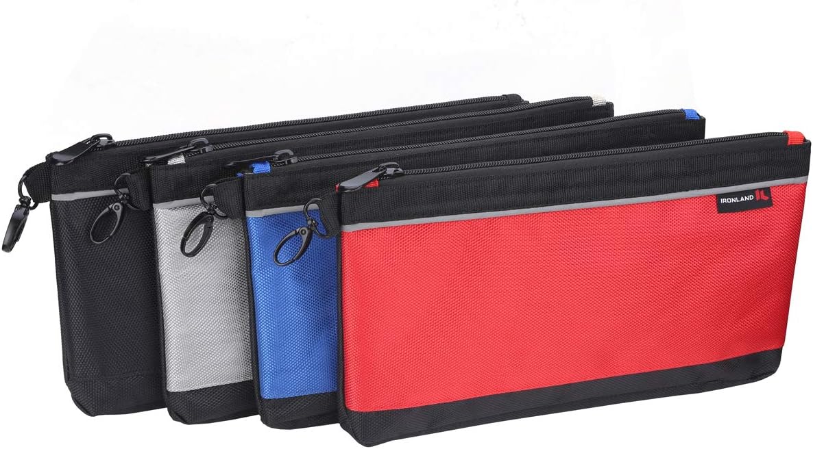 IRONLAND Utility Bag, 4 Pack Zipper Tool Bags Waterproof Heavy Duty in Blue, Grey, Red, Black 1680D Tool Pouch (7/9/10/12 Inch) - - 