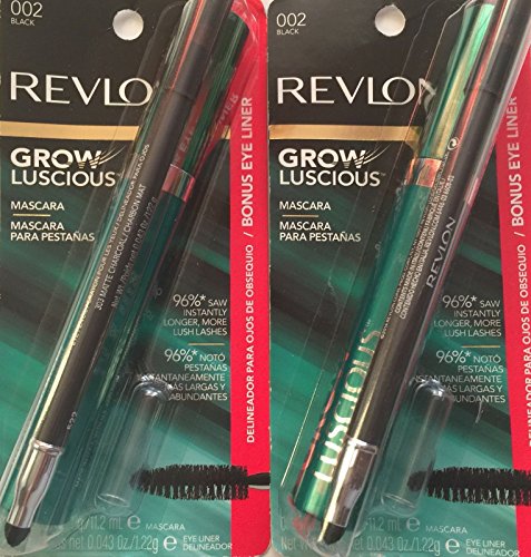 Revlon Grow Luscious Mascara 002 Black with Bonus Kajal Eyeliner in Matte Charcoal, (Pack of 2)