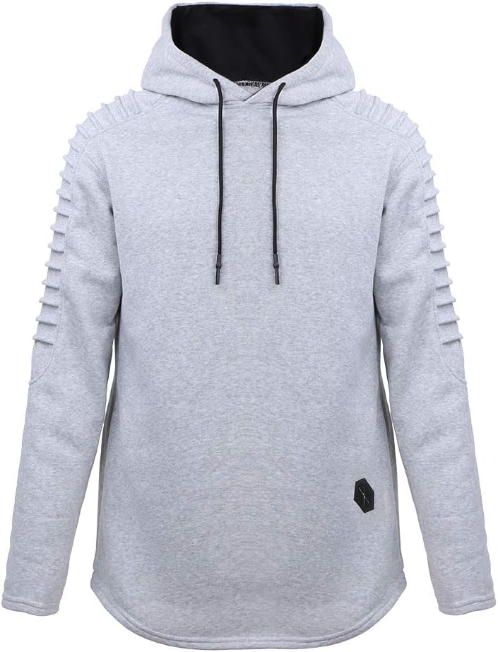 KENANCY Mens Pullover Hoodie Solid Pleat Hem Curved Long Fleece Sweatshirt Light Gray