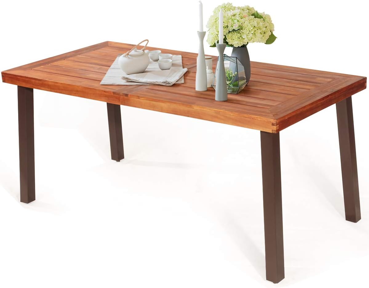 Giantex Patio Dining Table with Umbrella Hole, Outdoor Picnic Table for Backyard, Garden, Lawn, Farmhouse, Acacia Wood Rectangular Table with Metal Legs, Rustic Brown: Kitchen & Dining