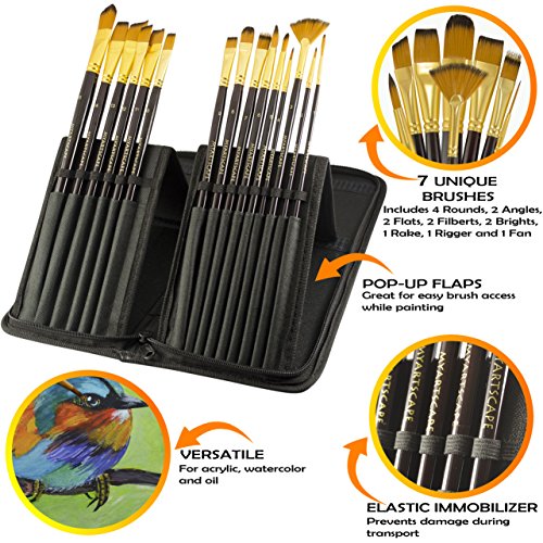 Paint Brushes 15 Pc Brush Set for Watercolor, Acrylic, Oil & Face