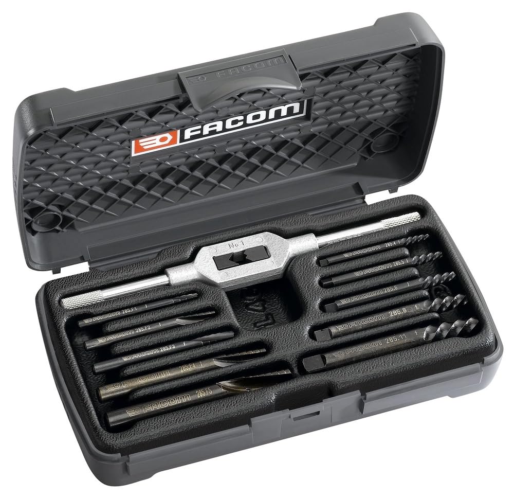 FACOM - 11-Piece Stud Extractor Set - 285.J10 - Screw Extraction, Straight Thread - Conical Bits and Tapping Wrenches - Robust and Durable Box - Hand Tools