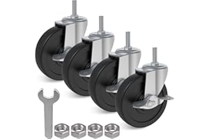 AAGUT 4X 4 Inch Brake Threaded Stem Casters 3/8"-16x1, Swivel Rubber Caster Wheels with Nuts Lock, Industrial Replacement for Carts Workbench Trolley