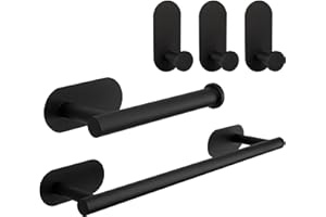 TocTen 5 Pieces Self Adhesive Towel Bar Set, Stainless Steel Bathroom Hardware Set Include Towel Rack, Toilet Paper Holder, 3 Packs Towel Hook, No Drilling Sticky Bathroom Accessory Kit(Matte Black)