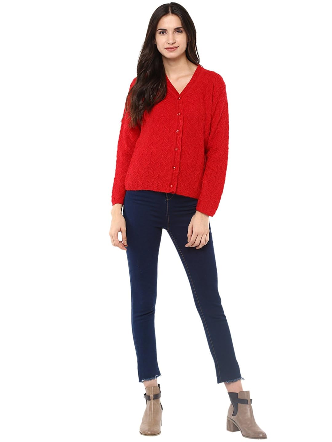cayman women red self-design cardigan