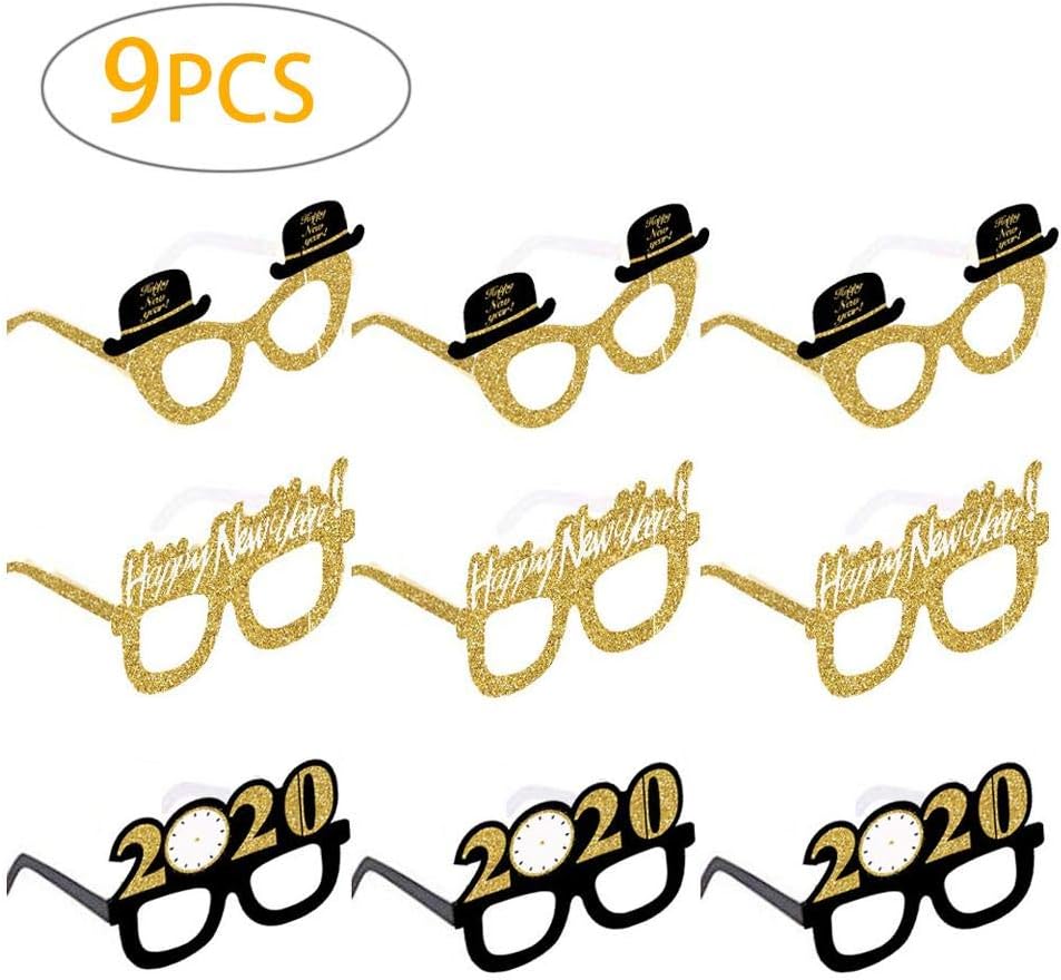 RecoverLOVE Pack of 9 Happy New Year Eyeglasses, 2020 New Year's Eve Party Supplies, Fancy New Year Party Glitter Glasses Celebration Party Favor Photo Prop Decors