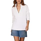 Zontroldy Women's Casual V Neck Pullover Sweatshirt Long Sleeve Solid Color/Stripe Polo Collared Shirts Tops