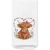 ATPOM Pink Floral Highland Cow Kitchen Towels, Highland Cow Gifts for Women Decorative Hand Towels for Bathroom, Coquette Pink Valentine Cattle Dish Tea Towel for Kitchen, 16x24 Inches