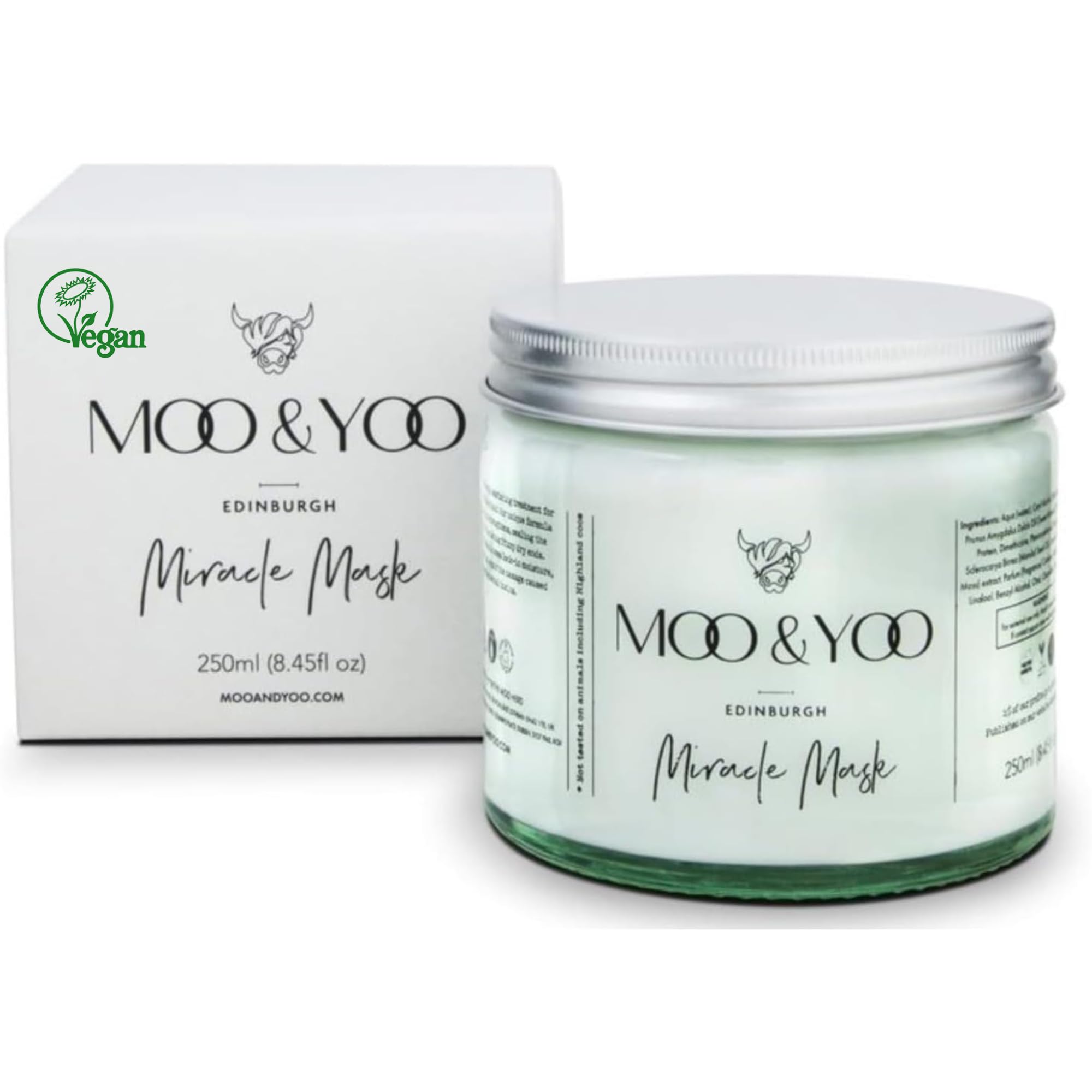 Moo & Yoo Miracle Hair Mask for Dry & Damaged Hair – With Marula Oil, Icelandic Moss & Wheat Protein – Deep Hydration & Repair Treatment – Vegan, Cruelty Free – 250ml Glass Jar