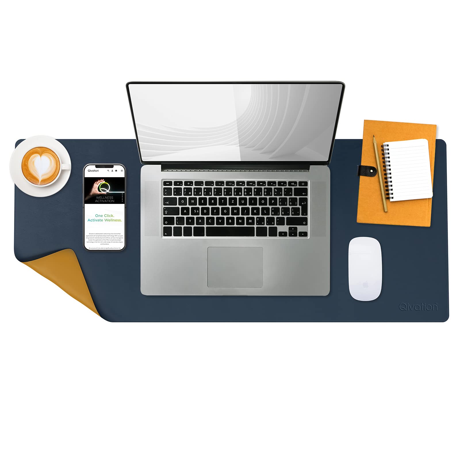 Qivation TiO2 Desk Mat Japan Tech 24/7 Air Purification, PU Leather Desk Blotter, Waterproof, Mousepad, Laptop, Office, Kids Writing, Gaming, Office and Home, Dual-Sided (40cm x 80cm)(Blue & Yellow)