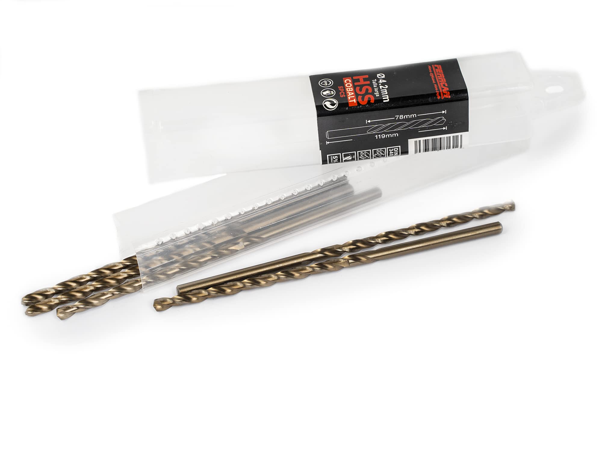 Ferrcan HSS metal drill bits DIN340 M35 cobalt long size (pack of 5 units per size) (4.2mm)