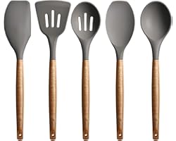 Miusco Non-Stick Silicone Cooking Utensils Set with Natural Acacia Hard Wood Handle, 5 Piece, Grey, High Heat Resistant