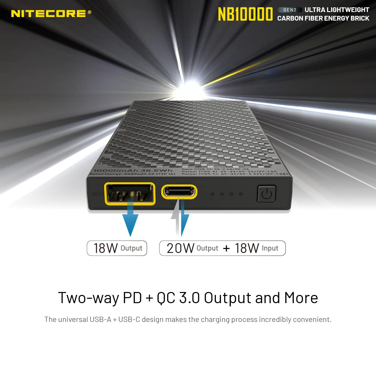 Nitecore NB10000 GEN II Power Bank 10000mAh - Ultra Sottile In Fibra Di Carbonio, 150g, Ricarica Rapida USB-C, Per Smartphone E Torce