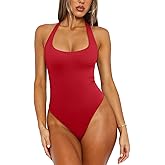 REORIA Women's Sexy Deep Scoop Neck Halter Bodysuit Double Lined Sleeveless Backless Top Vacation Outfits