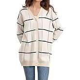 chouyatou Women's Vintage Plaid Button Down Cardigans Color Block V Neck Knit Cardigan Sweater Jacket Coat