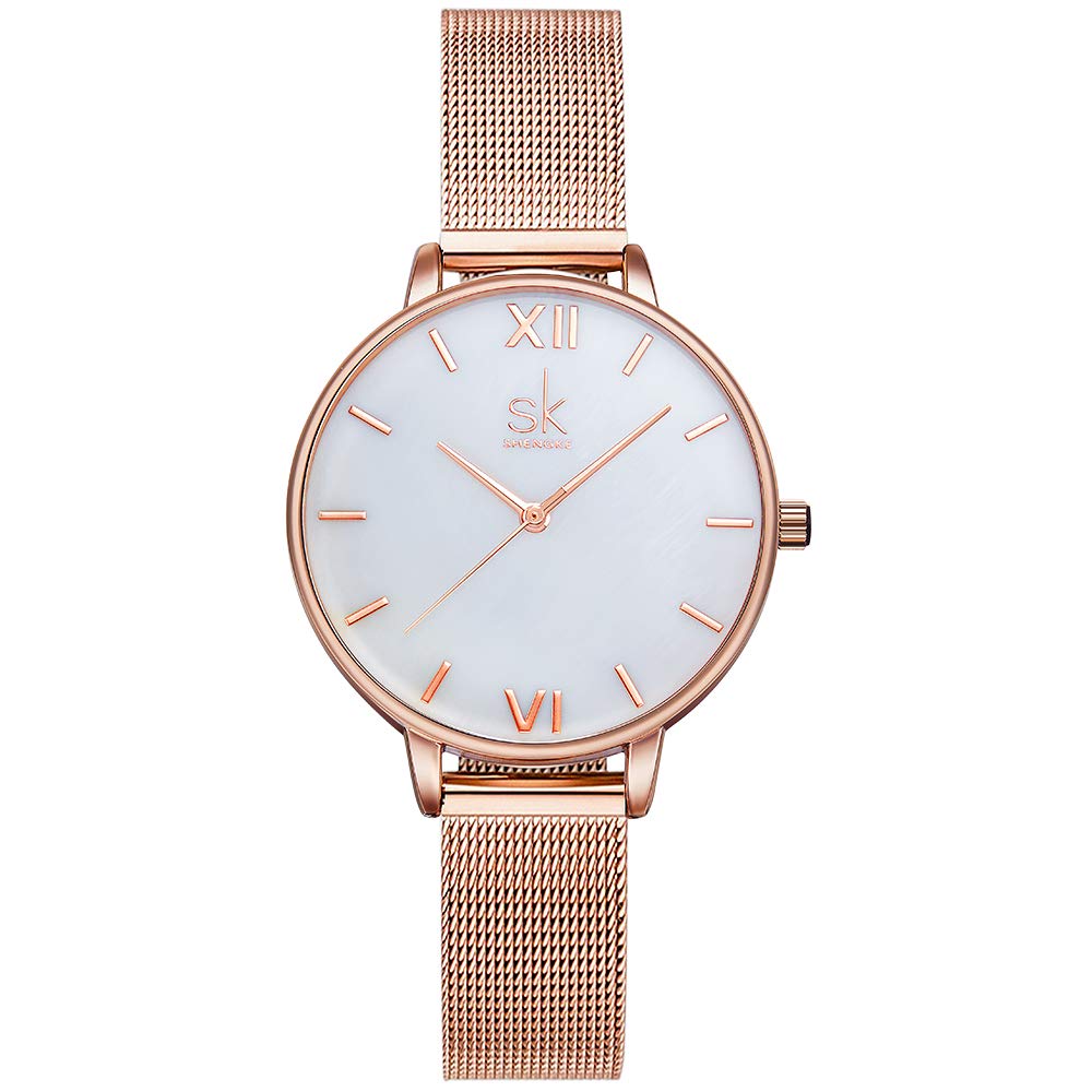 SHENGKE Creative Simplicity Women Watch Mesh Band Elegant Women Watches Ladies Business Wristwatch (K0056-natural Shell dial)
