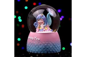 Cute Mermaid Musical Snow Globe for Girls, 100MM Resin/Glass Snow Globe Music Box with Colorful Lights & Automatic Snowflakes
