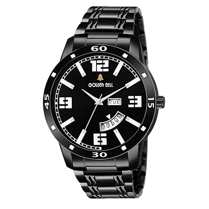 Golden Bell (Label) Enticer Day and Date Calender Function Chronograph Display Black Dial Steel Chain Mens Watch - GB-1179