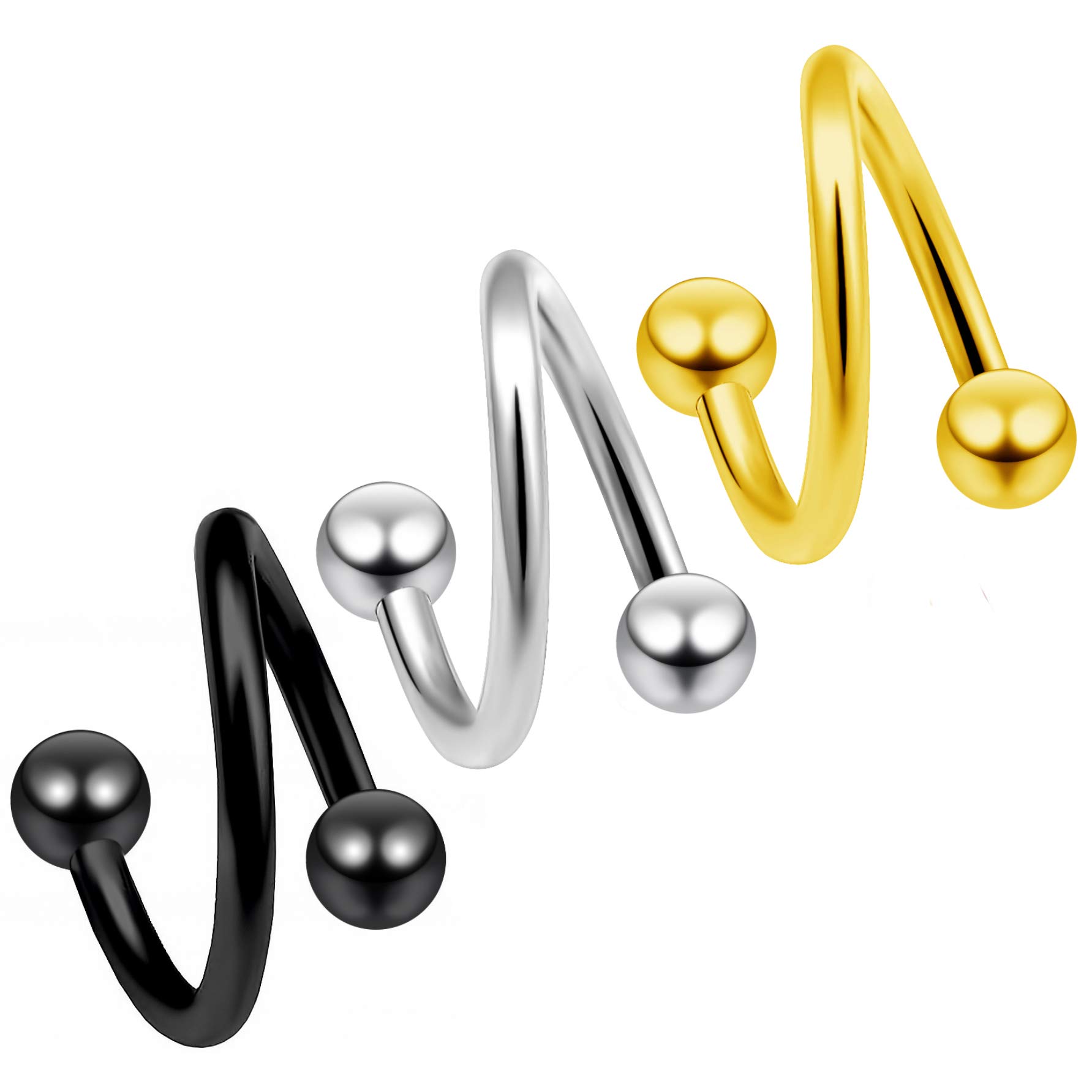 3pc Twisted Barbell 16g 1.2mm Spiral Pierced Earring Twist Daith Helix Tragus Banana Belly Button Ring Navel Bar 10mm