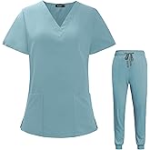 VIAOLI Scrubs for Women Set V-Neck Pocket Top & Drawstring Jogger Scrub Pants Stretch Nursing Scrubs Set Uniform