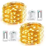 CYLAPEX 2 Set String Lights 8 Mode 50LED Battery Operated Fairy Lights 16.4FT Copper Wire Waterproof Twinkle Firefly Lights with Remote for Wedding Christmas Décor Party Indoor Outdoor Warm White