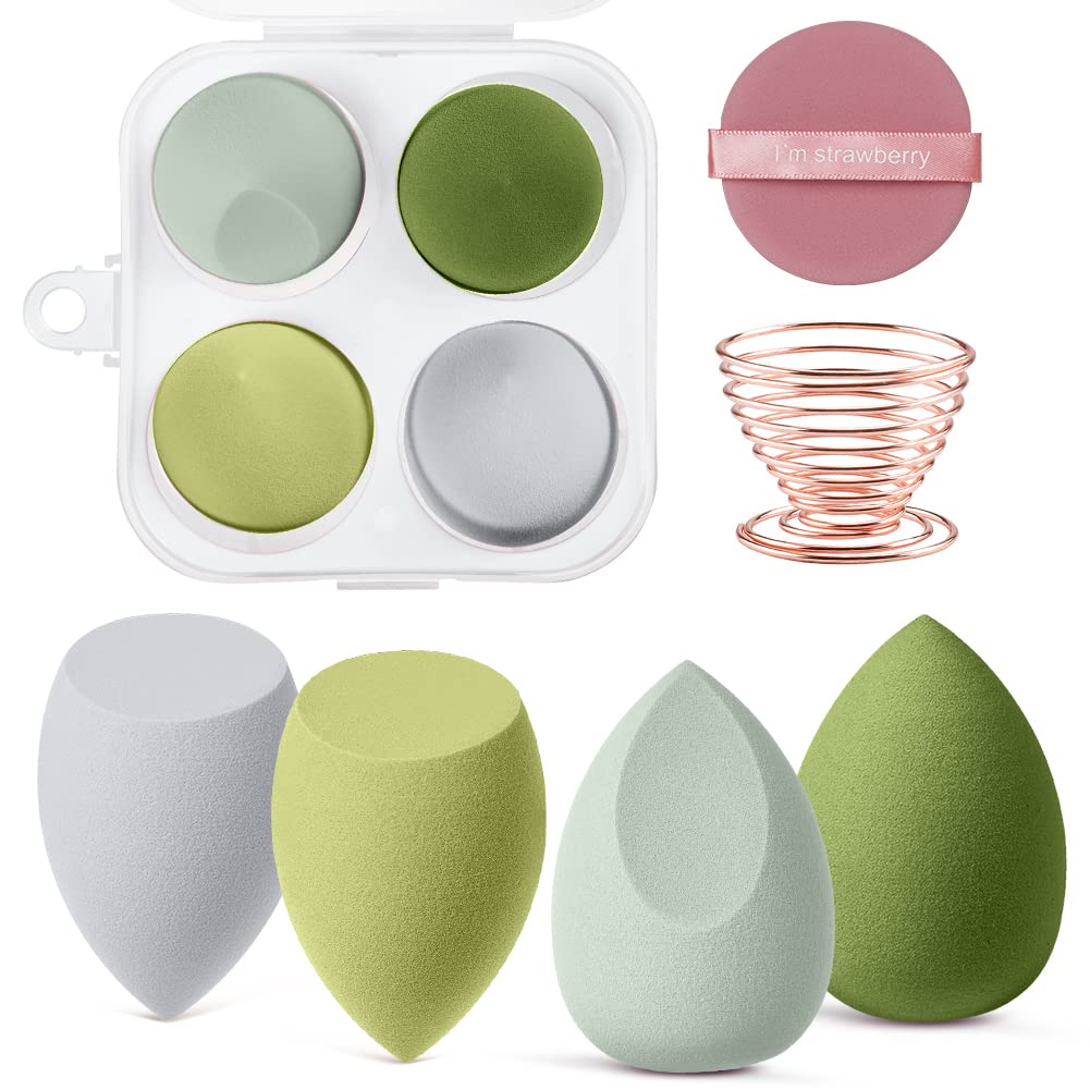 AUAUY 6 Pcs Makeup Sponges Set, 4 Pcs Professional Beauty Sponge Foundation Blending with 1 Sponge Storage Box, 1Powder Puff, Multi-colored Makeup Sponges for Cream, Liquid and Powder