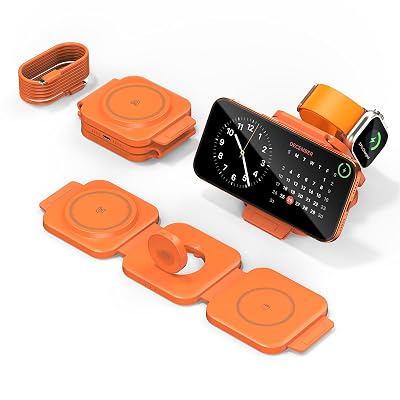 3 in 1 Charging Station for Apple Multiple Devices, Foldable Magnetic Fast Wireless Charger Dock, Travel Charging Pad for iPhone 17 16 15 14 13 12 Pro Max Plus Apple Watch Series & AirPods Orange