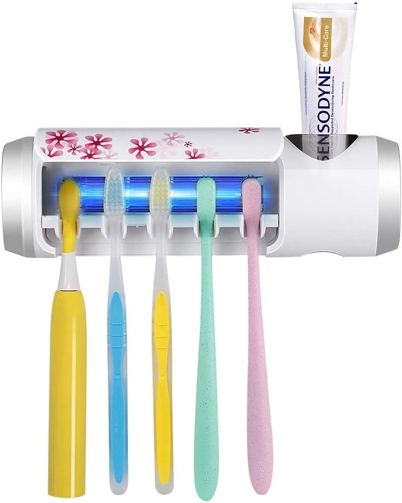SARMOCARE UV Toothbrush Holder Sterilizer Sanitizer with Drying Fan Family Size Toothpaste Holder Wall Mounted Baterry-Operated