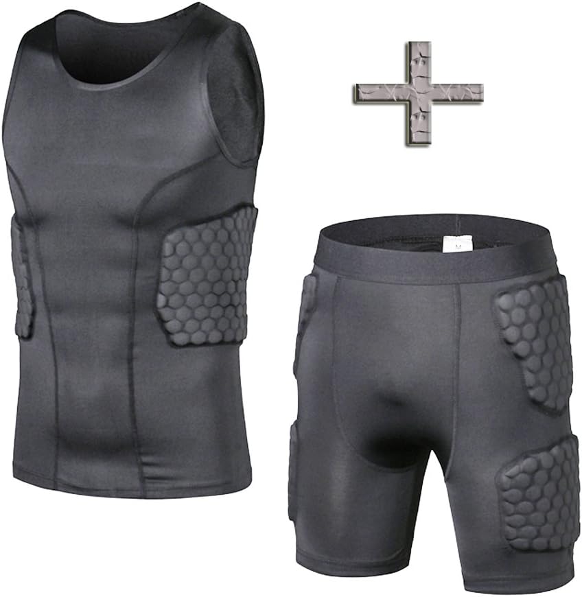 Men's Padded Compression Training Vest (3-Pad) Sleeveless Shirt & Short Set Ribs,Thighs Protector - Football Protective Gear