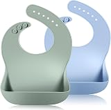 Vicloon Silicone Baby Bibs 2 Pack Waterproof Adjustable with Pocket Blue-Green