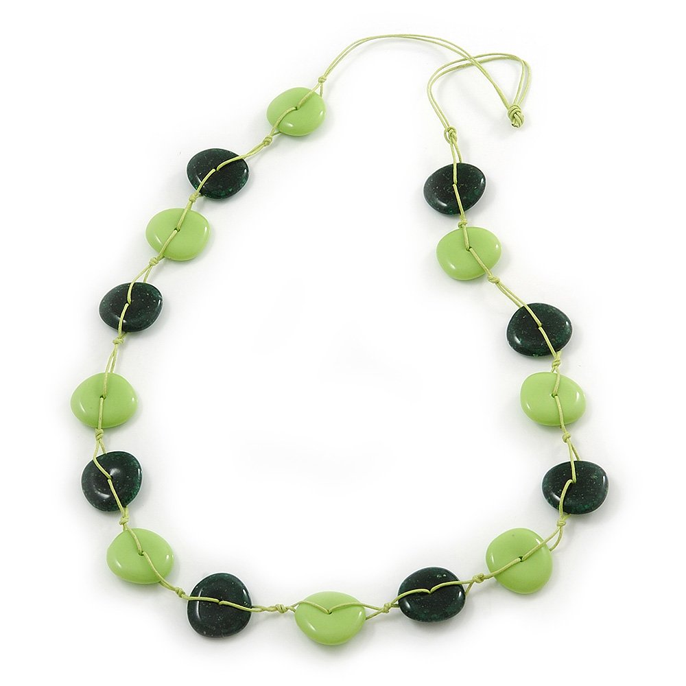 Avalaya Lime/Dark Green Resin Button Bead Cotton Cord Long Necklace/ 84cm L