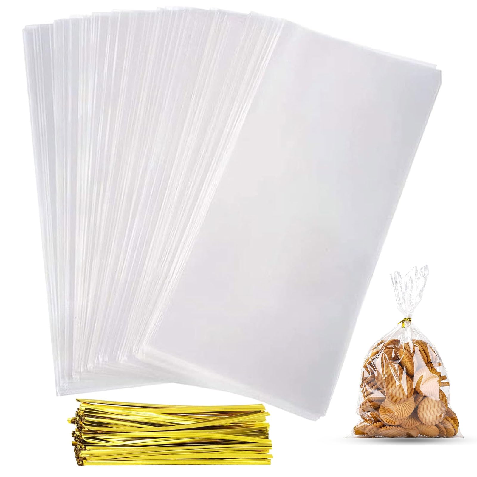 TAKUZA Pack of 100 Cellophane Bags, Large, Cellophane Bags, Cookie Bags, Transparent with 100 Gold Twisted Ribbon, Christmas Clear Bags for Sweets, Biscuits, Cakes (25 x 15 cm)