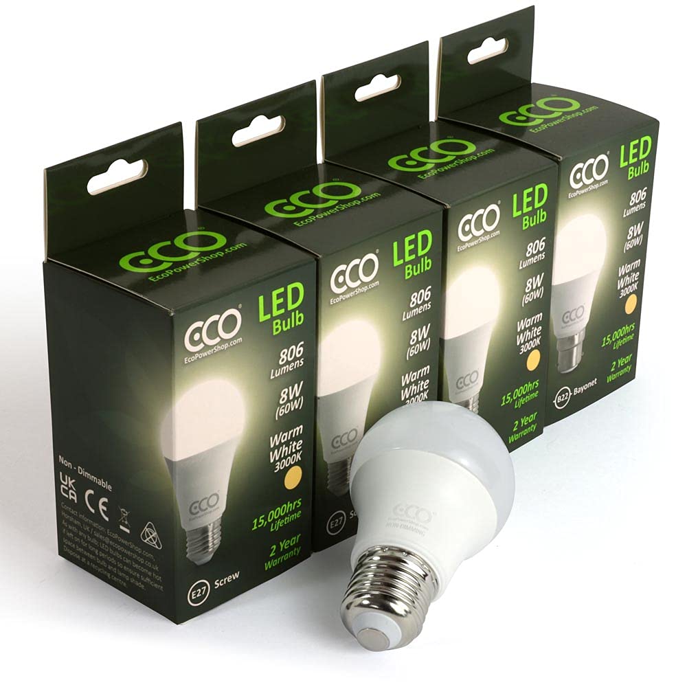 ECO 60W E27 Edison Screw Energy Saving LED Light Bulbs, Low Energy 8W LED, 806 Lumens, Warm White 3000K, 15,000Hrs Lifetime. 4X Pack.