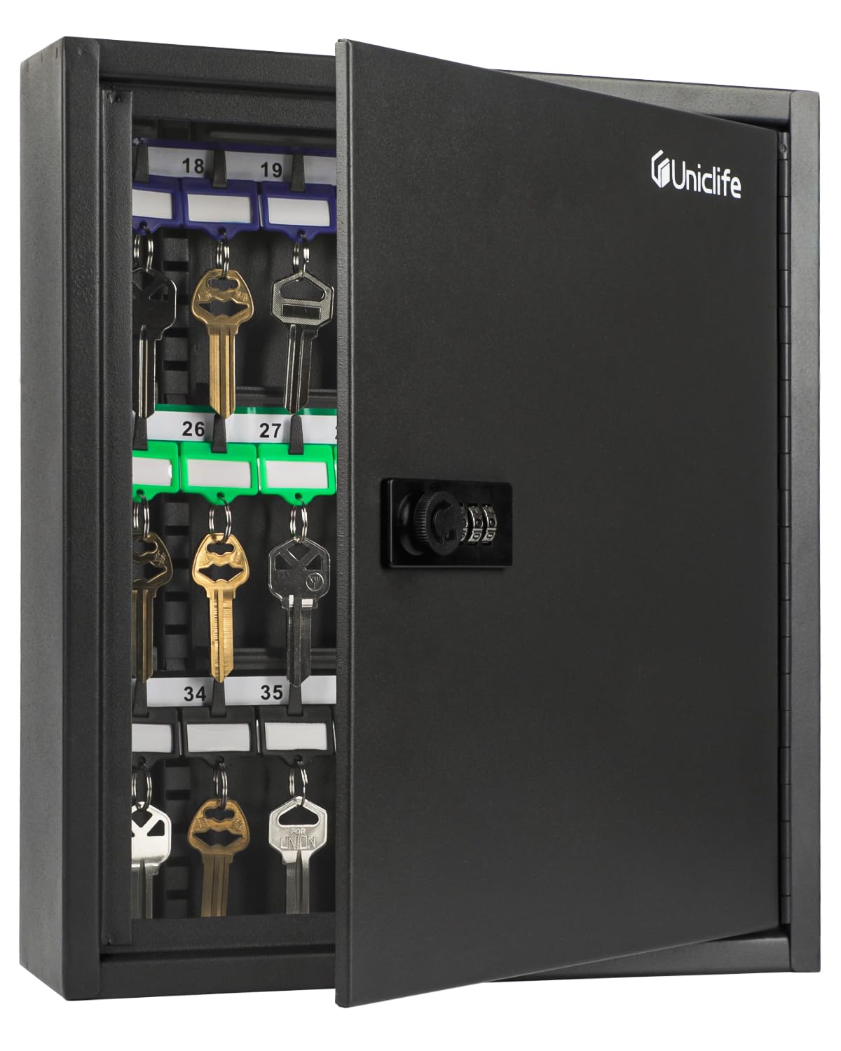 Uniclife 40 Position Key Cabinet with Combination Lock Resettable Black Security Storage Box Steel Key Organizer with Adjustable Racks Colorful Key Tag Labels and Hooks