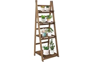 ACEHOME Ladder Shelf, 4-Tier Industrial Ladder Bookshelf, Leaning Plant Stand Ladder Shelves, Freestanding Bookcase, Wooden Storage Rack for Living Room, Kitchen, Bedroom, or Balcony- Brown