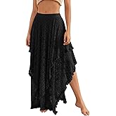 YKR Womens Lace Long Skirts Elastic Asymmetrical Layered Hem Sexy See-Through Flowy Skirts Floral Beach Maxi Skirt