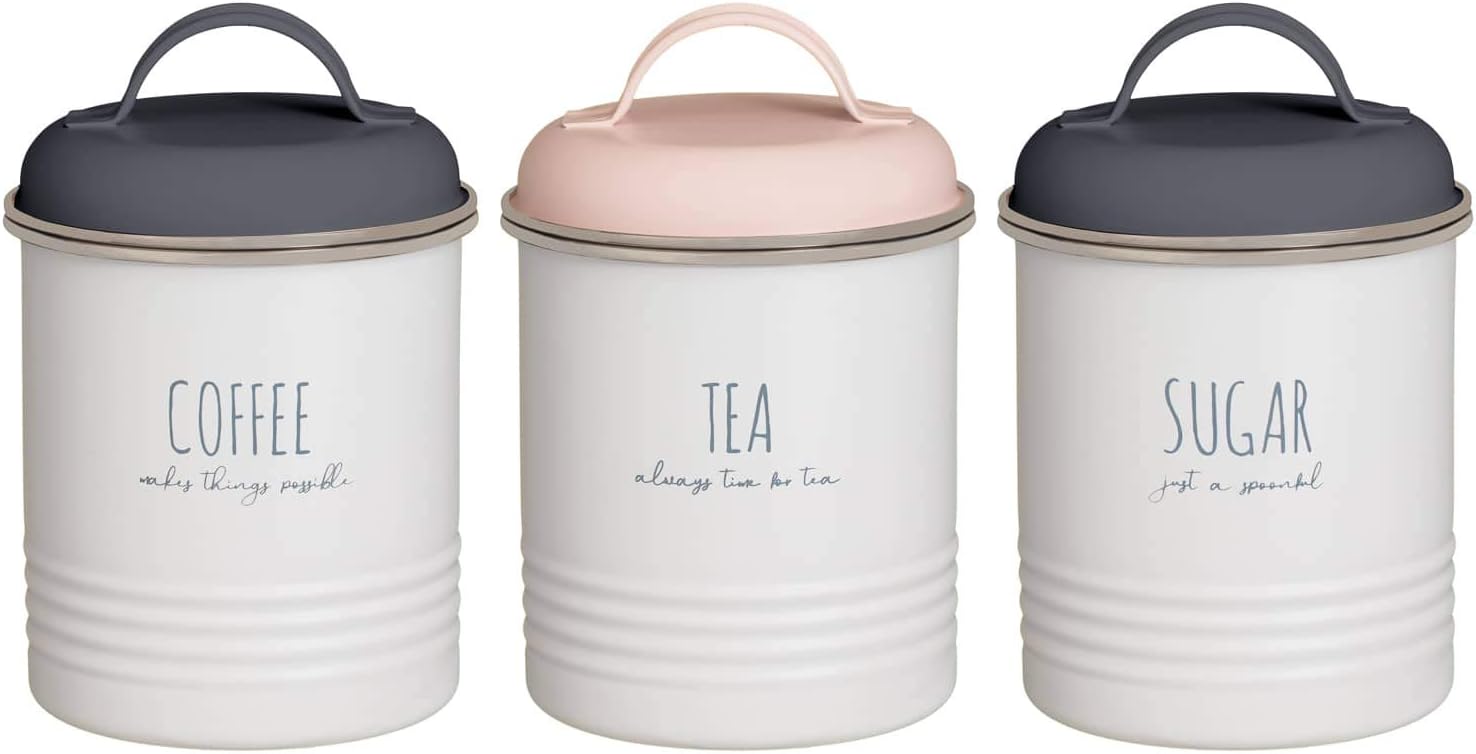 pink and grey tea coffee sugar canisters