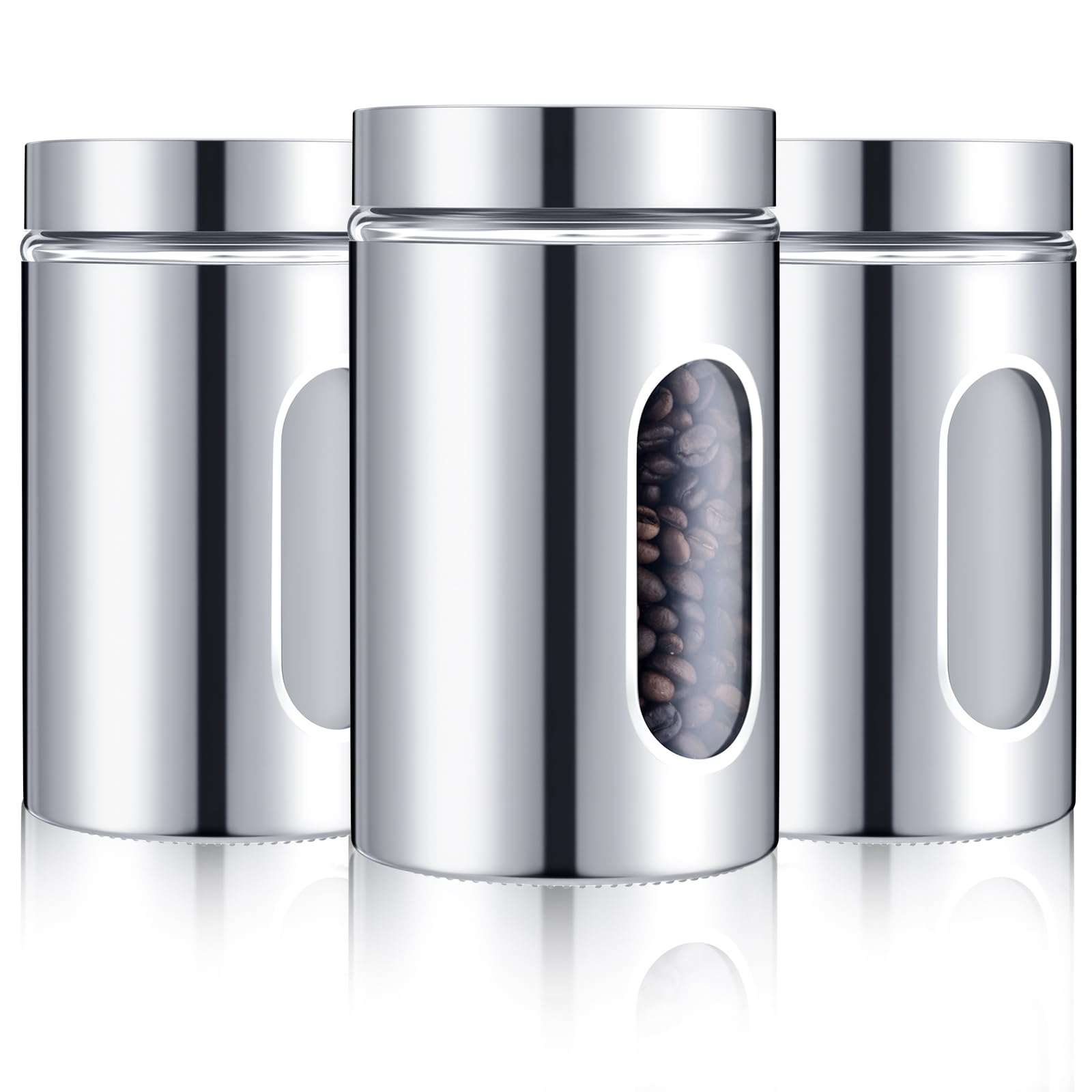 Photo 1 of Mimorou 3 Pcs Stainless Steel Canister Set with Glass Windows Visible Storage Jars Silver Kitchen Canister Set for Pasta Flour Oat Sugar Container, Kitchen Tools, Housewarming Gifts(32 oz)