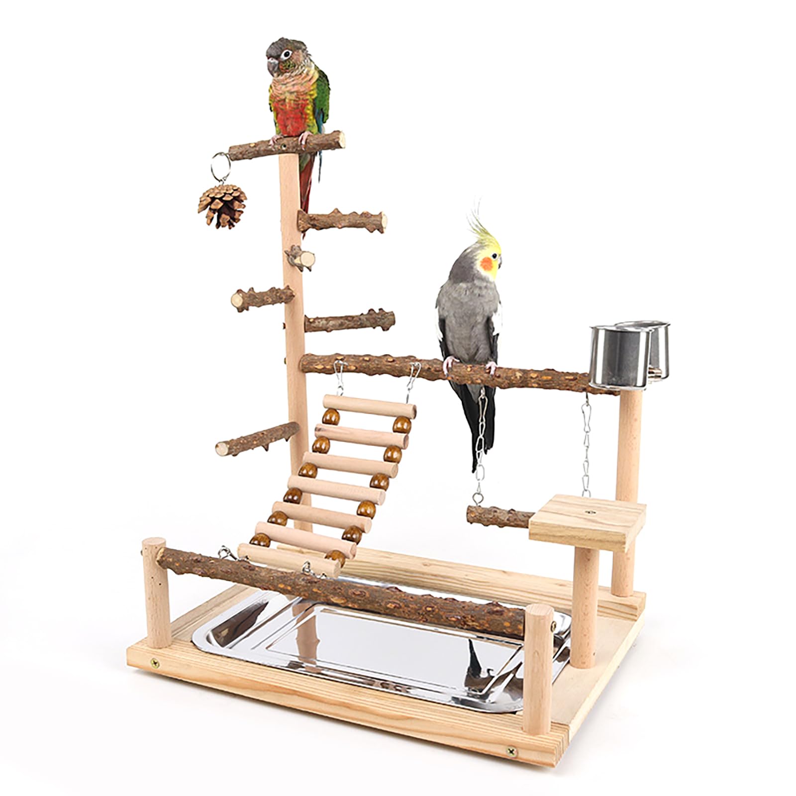 RoseFlower Wooden Bird Stand Parrot Playstand, Budgie Play Stand Birdcage Playground Play Gym Parakeet Toy Ladder with Feeder Cup and Tray, Budgie t Toys Swing Exercise - Size 17.7x14.6x10.2 In