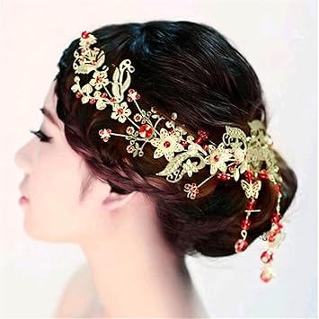 Amazon Com Bride Headdress Golden Red Of Chinese Style Wedding