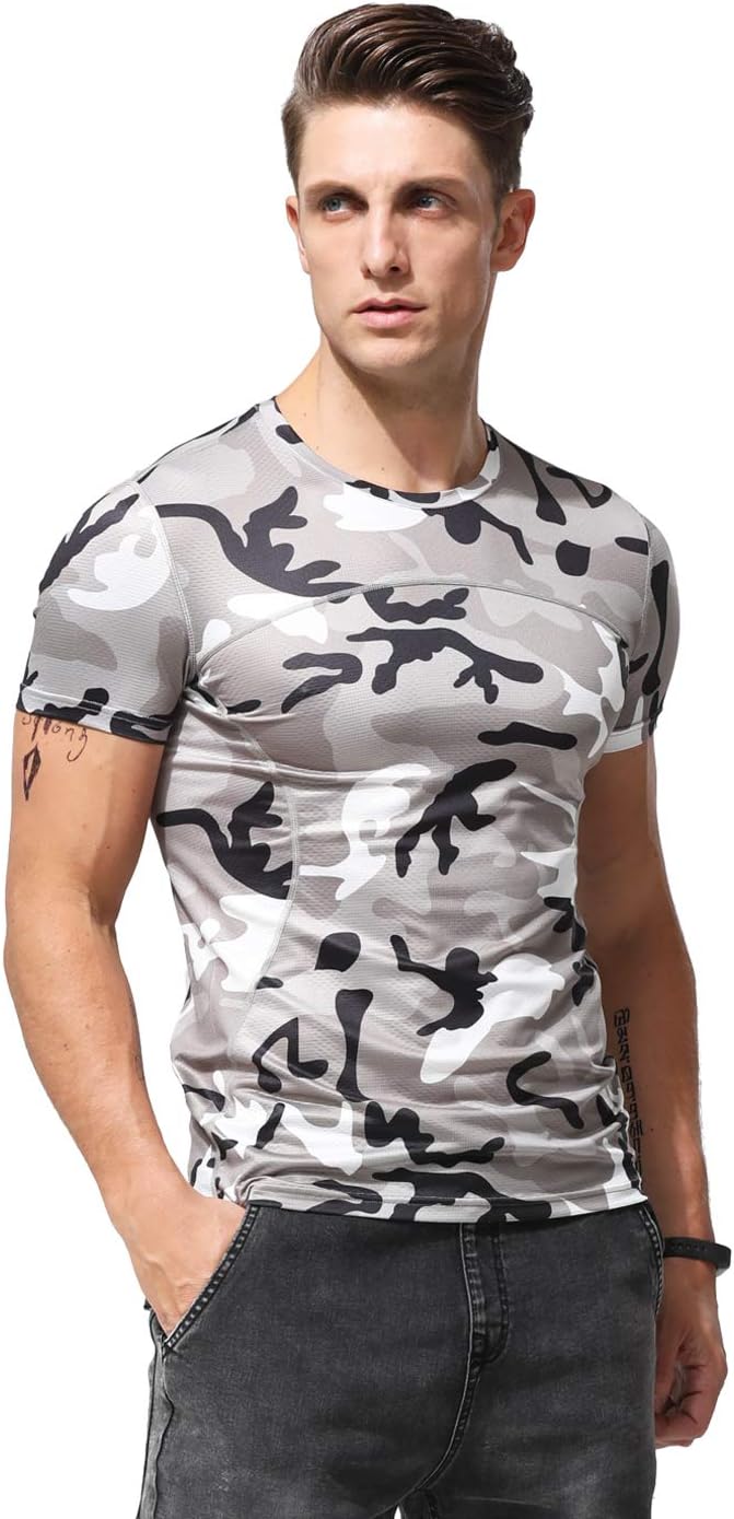 XShing Mens Short Sleeve Gym Fitness T Shirts Camo Muscle Slim Fit Tee