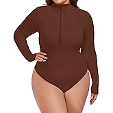 FOREYOND Plus Size Bodysuits for Women Long Sleeve Scoop Neck Bodysuit Sexy One Piece Body Suit Tops