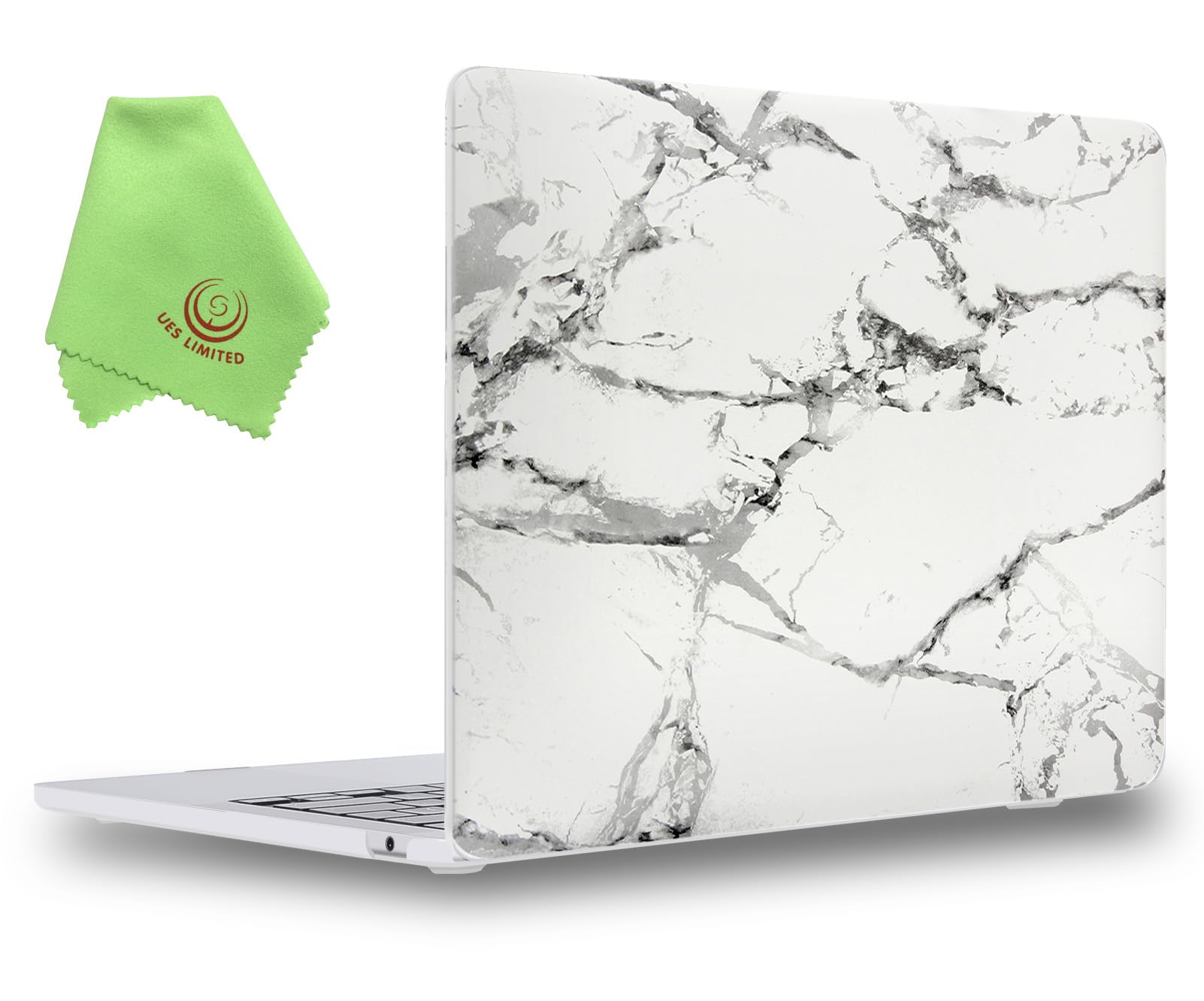 UESWILL Case Compatible with MacBook Air (15 inch, M2 M3 M4 M5, 2023 2024 2025 2026) Model A3448 A3241 A3114 A2941, Marble Pattern Hard Shell Cover + Microfiber Cloth, White/Grey
