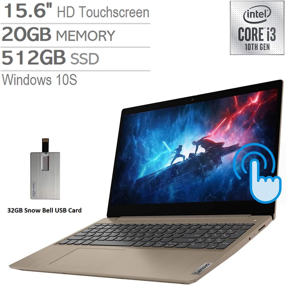 2020 Lenovo IdeaPad 3 15.6" HD Touchscreen Laptop Computer, 10th Gen Intel Core i3-1005G1, 20GB RAM, 512GB PCIe SSD, Dolby Audio, HD Webcam, Intel UHD Graphics, Win 10S, Almond, 32GB USB Card