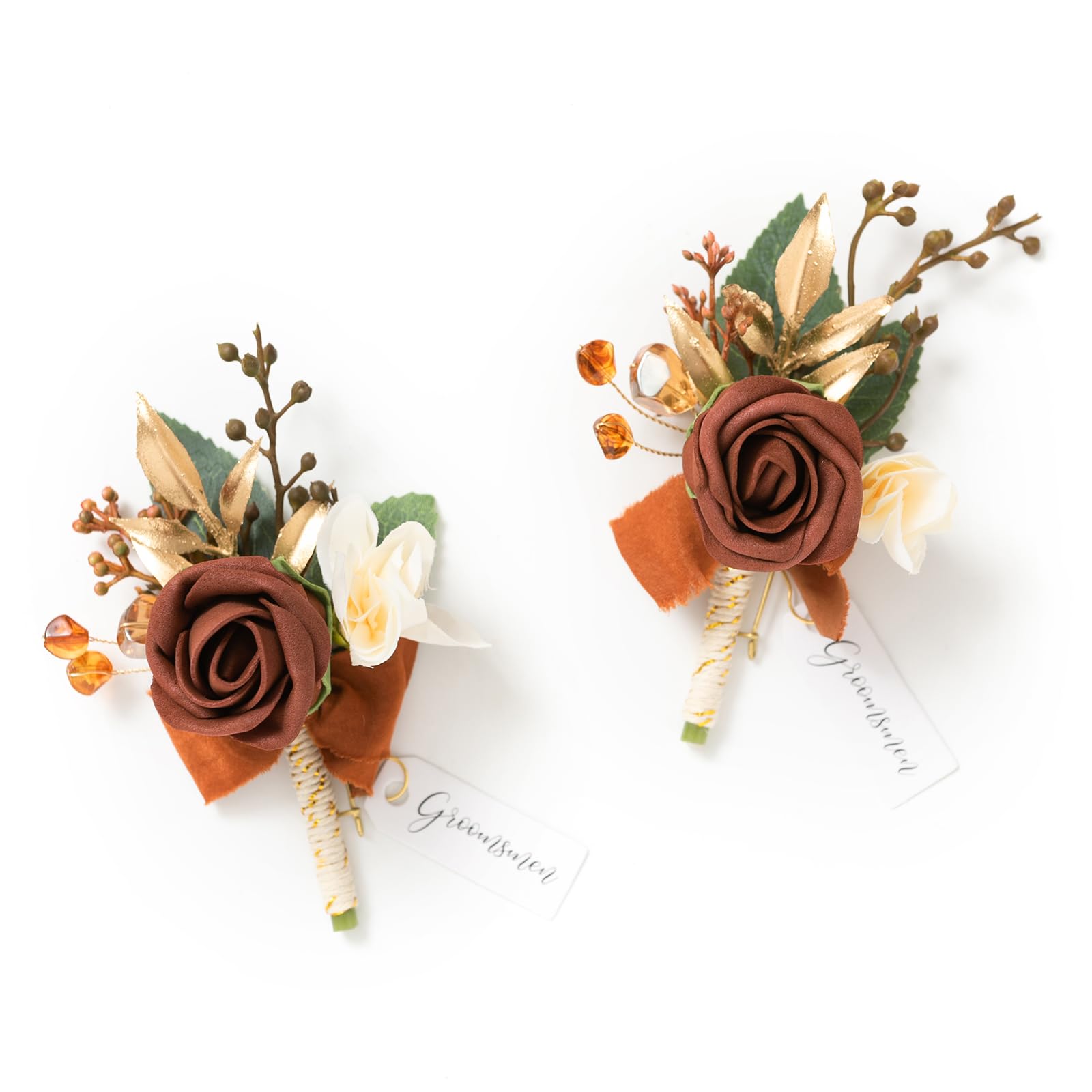 Photo 1 of Ling's Moment Boutonniere for Men, 2pcs Groom Groomsmen Guest Boutonniere, Artificial Flowers for Wedding/Prom/Homecoming, etc.Fall Orange Terracotta