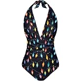 ELEDIZI One Piece Swimsuit Women Tummy Control V Neck Sexy Bathing Suit Halter Top Ruched Swimwear Beach Outfit XS-3XL